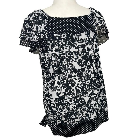 Dressbarn Black & White Floral Polka Dot Blouse With Tie Detail Size Large - Picture 3 of 6